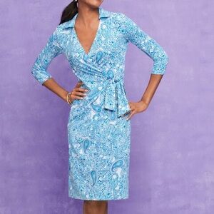 TALBOTS EFFORTLESS JERSEY FAUX WRAP DRESS - PLAYFUL BLUE PAISLEY, L